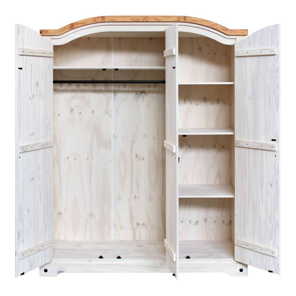 Großer weißer Schlafzimmer-Kleiderschrank geöffnet mit Kleiderstange und vielen Fächern – Mirana