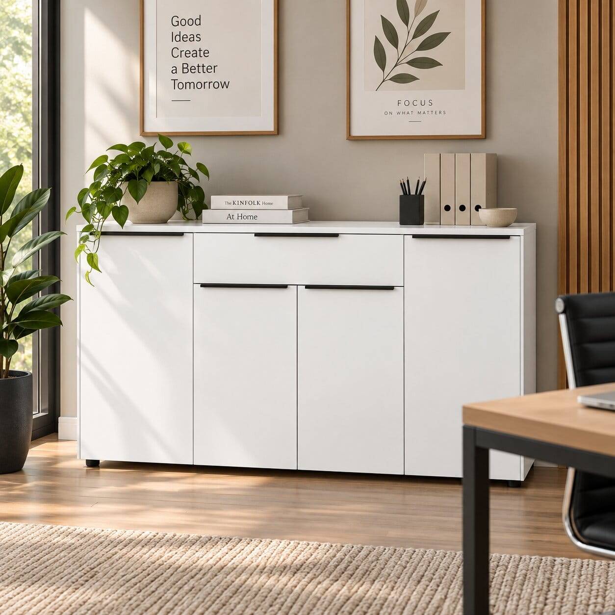 Modernes Büro Highboard in Weiß mit schwarzen Griffen für viel Stauraum – Sparkle