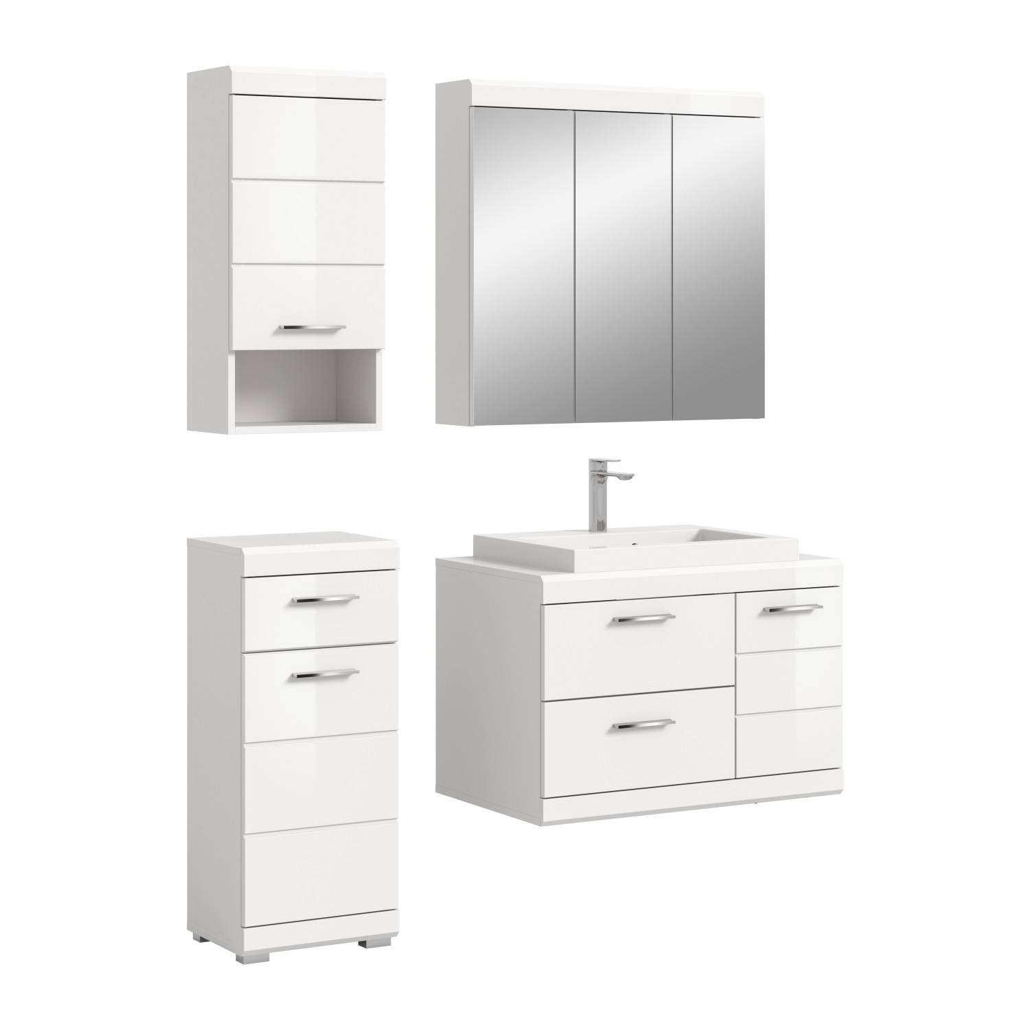 Vierteiliges weißes Badmöbel-Set mit Hochschrank, Spiegelschrank, Unterschrank und Waschtisch – Nanila