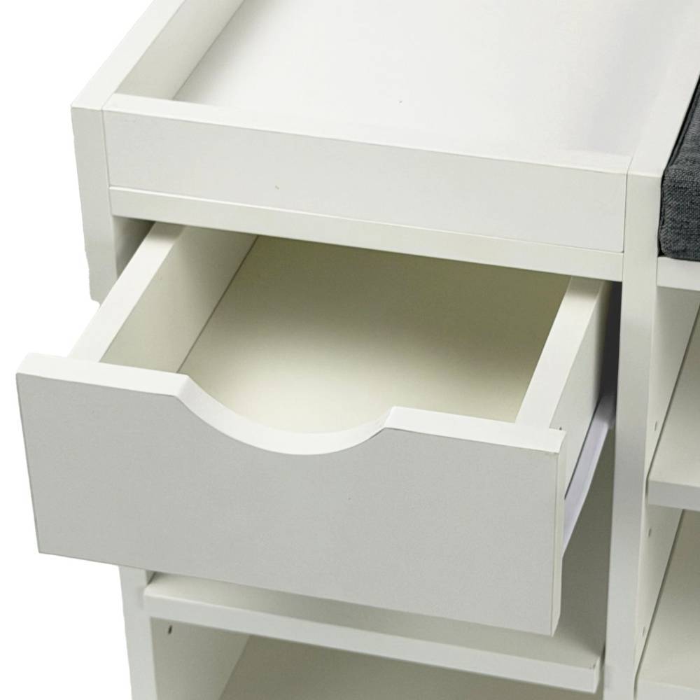 Weiße Schuhbank mit praktischer Schublade und bequemer grauer Sitzauflage – Marciano