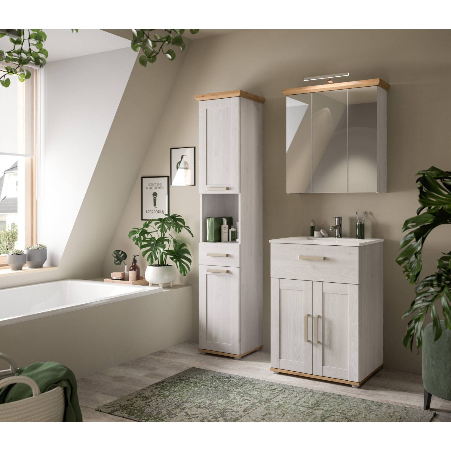 Weißer Spiegelschrank Bad in moderner Badezimmer-Einrichtung über einem Waschbecken – Tocella