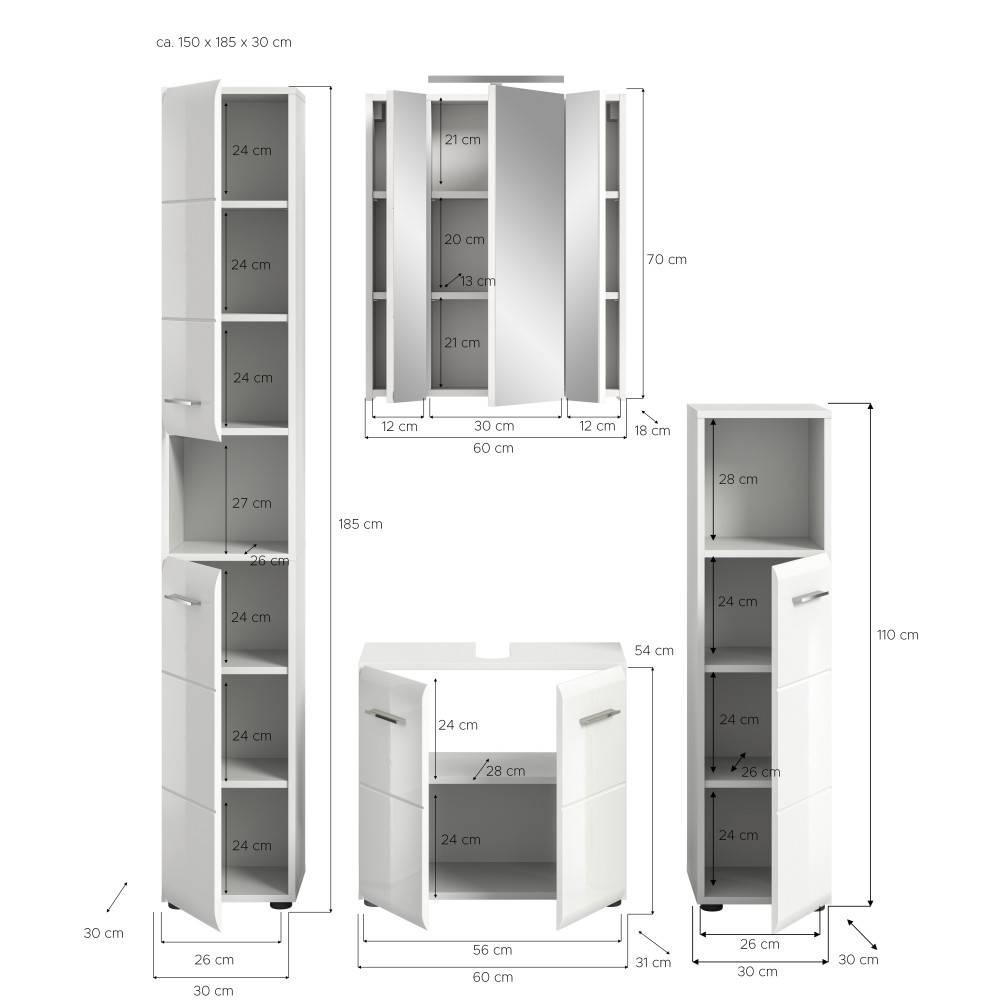 Clona Waschplatz Set Maße und Abmessungen für alle vier Badmöbel in detaillierter Skizze – Clona