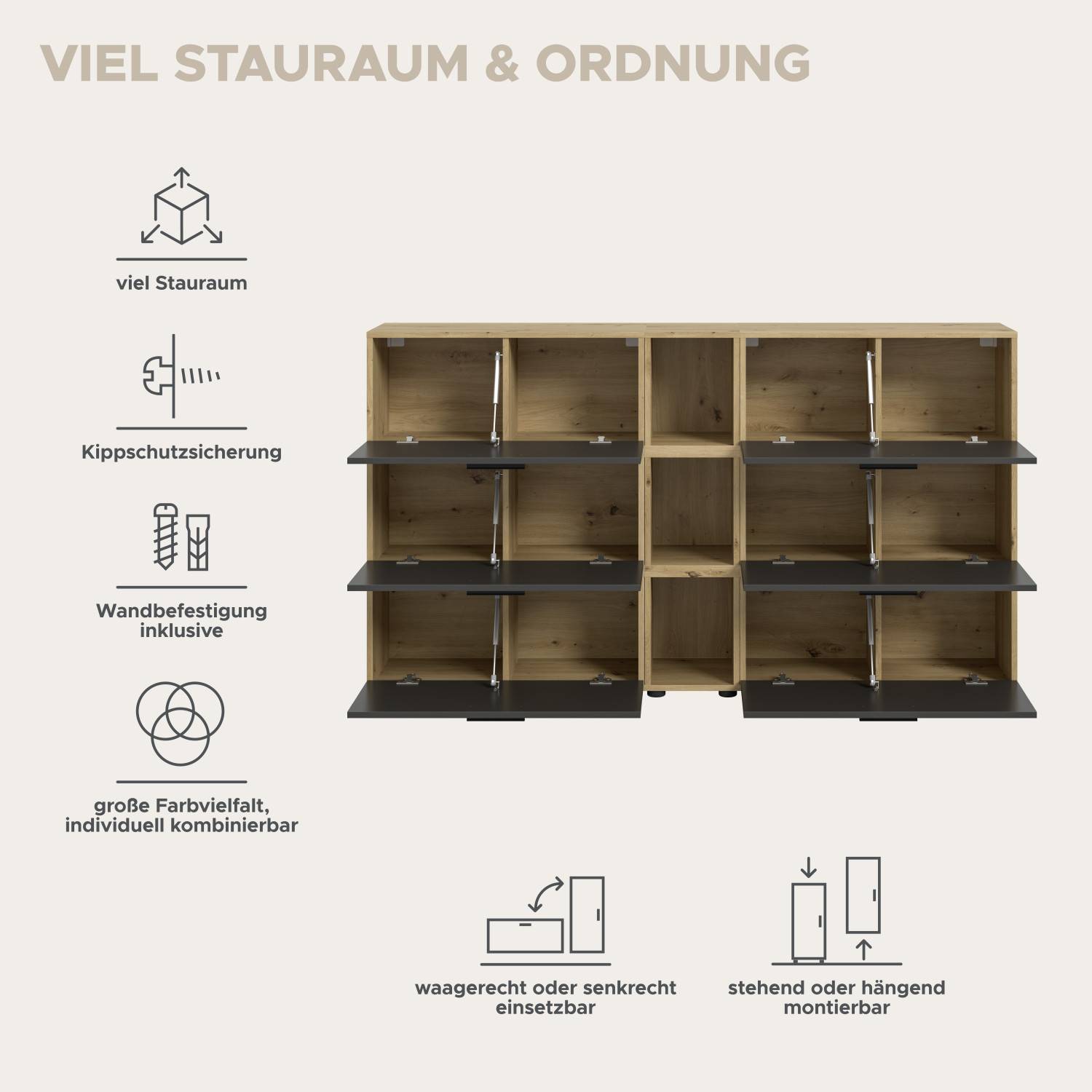 Basaltfarbener Wohnzimmerschrank mit viel Stauraum, Kippschutzsicherung und flexibler Montage – Estoron