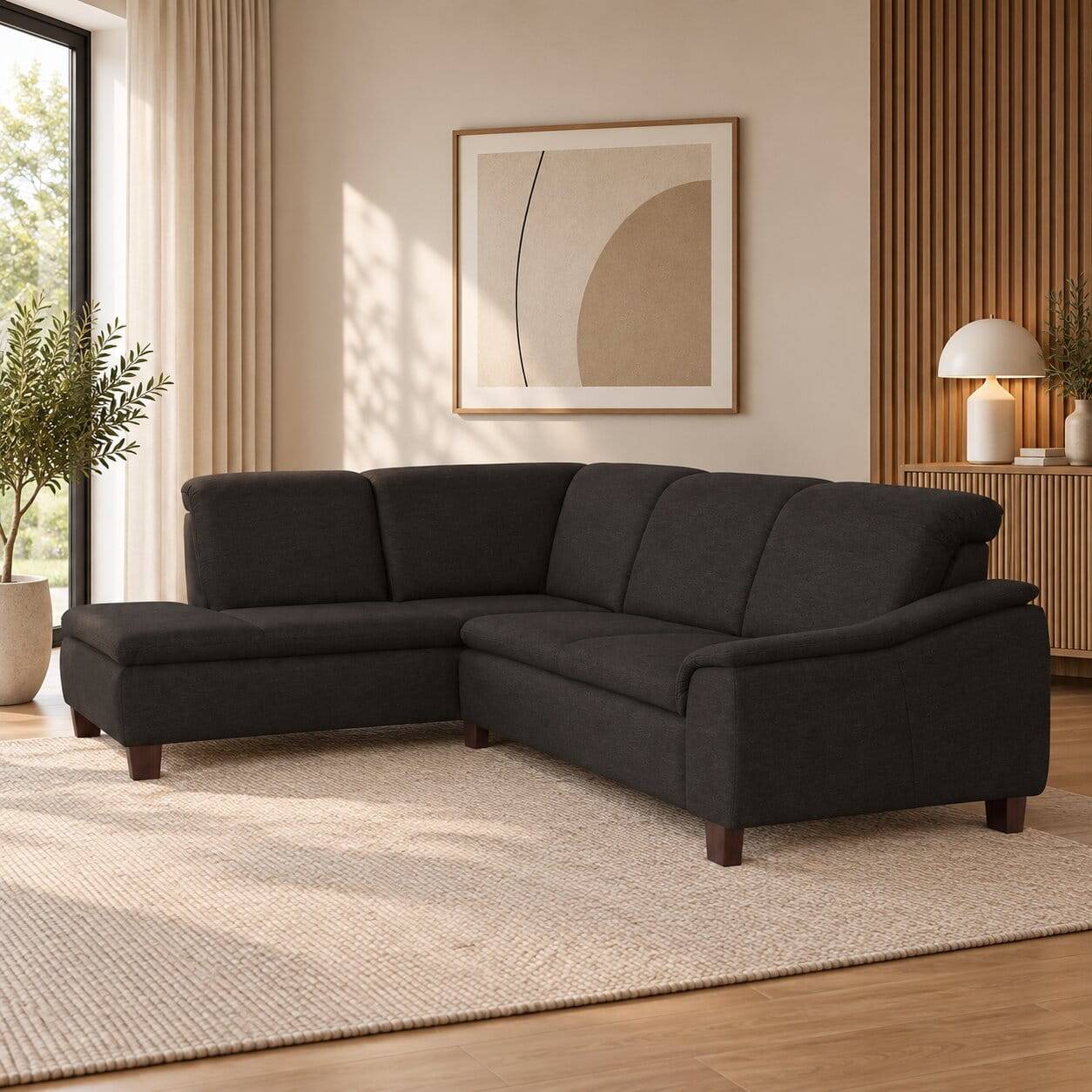 Ecksofa in Dunkelbraun mit Nussbaum - Acristodat