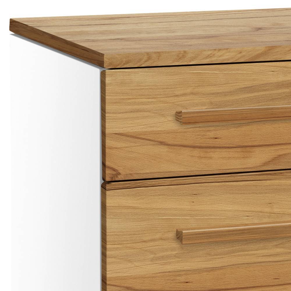 Kommode aus hellem Holz mit Deckplatte und zwei Schubladen, weiße Seiten – Geniale