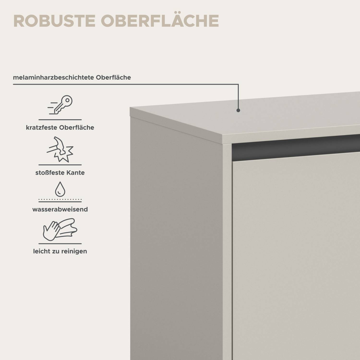 Robuste, kratzfeste und wasserabweisende Oberfläche des TV Schranks, melaminharzbeschichtet – Binocra