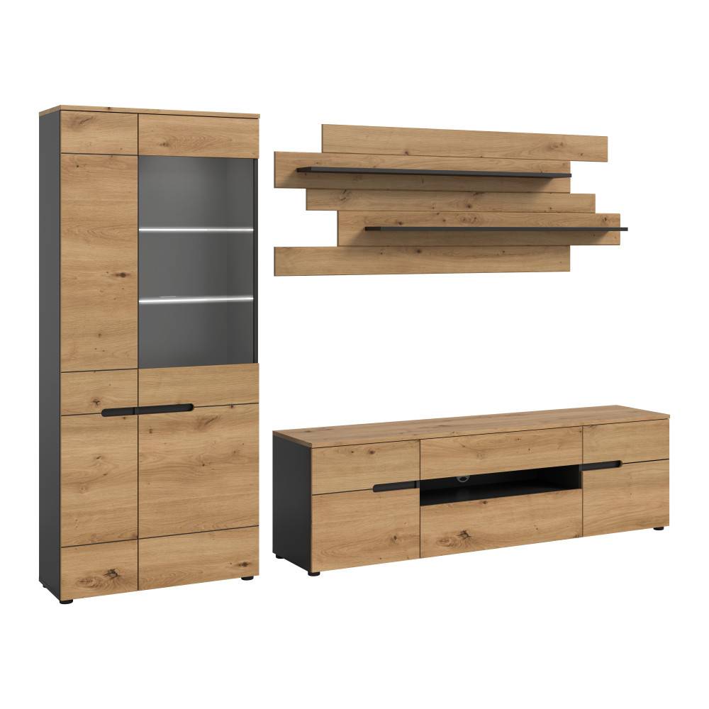 Breite Schrankwand in Artisan Eiche und Graphit mit Highboard, Lowboard und Wandregalen – Irysma