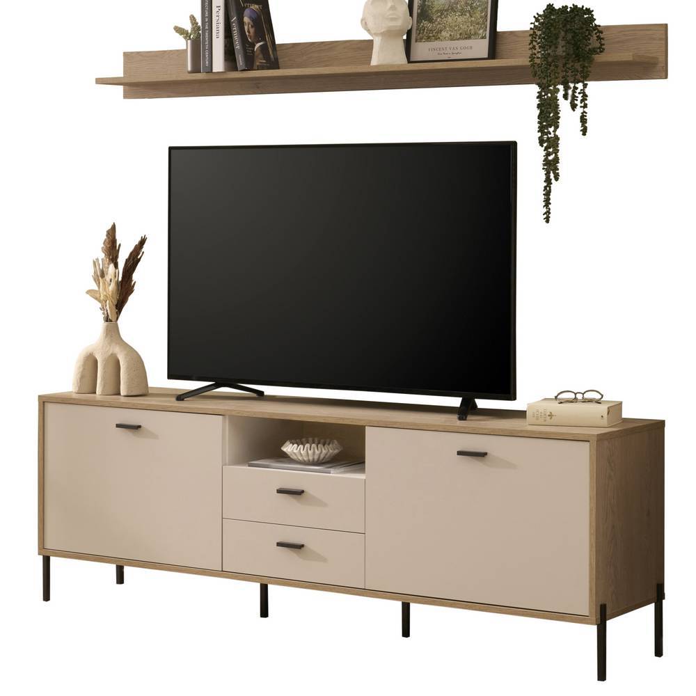 TV Lowboard mit Schubladen und Türen in Beige, dazu passendes Wandregal für das Wohnzimmer – Dasanti