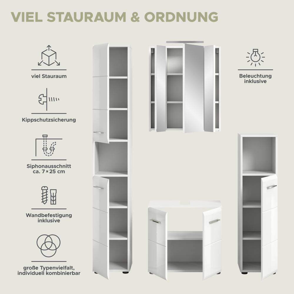 Weißes Waschplatz Set mit Funktionsübersicht für das Badezimmer inklusive Beleuchtung und Stauraum – Clona