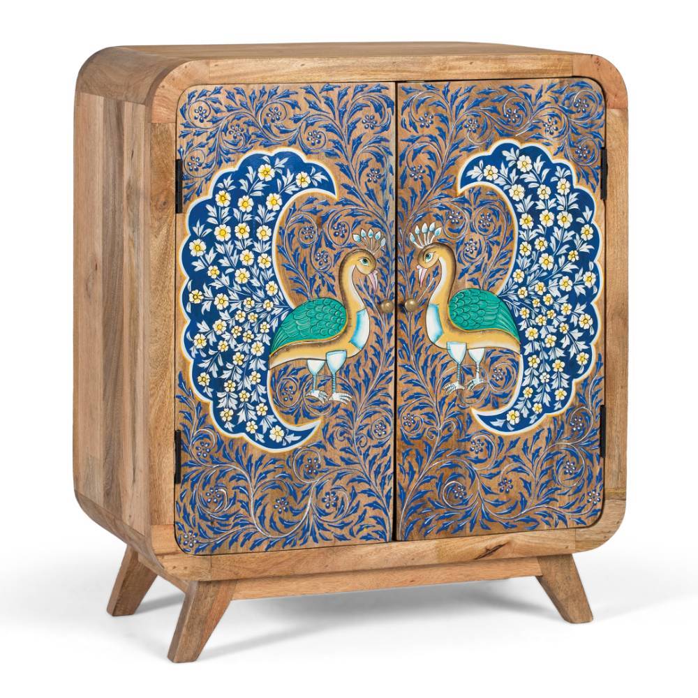Boho Kommode mit Pfauen Motiv bemalt - Foglia