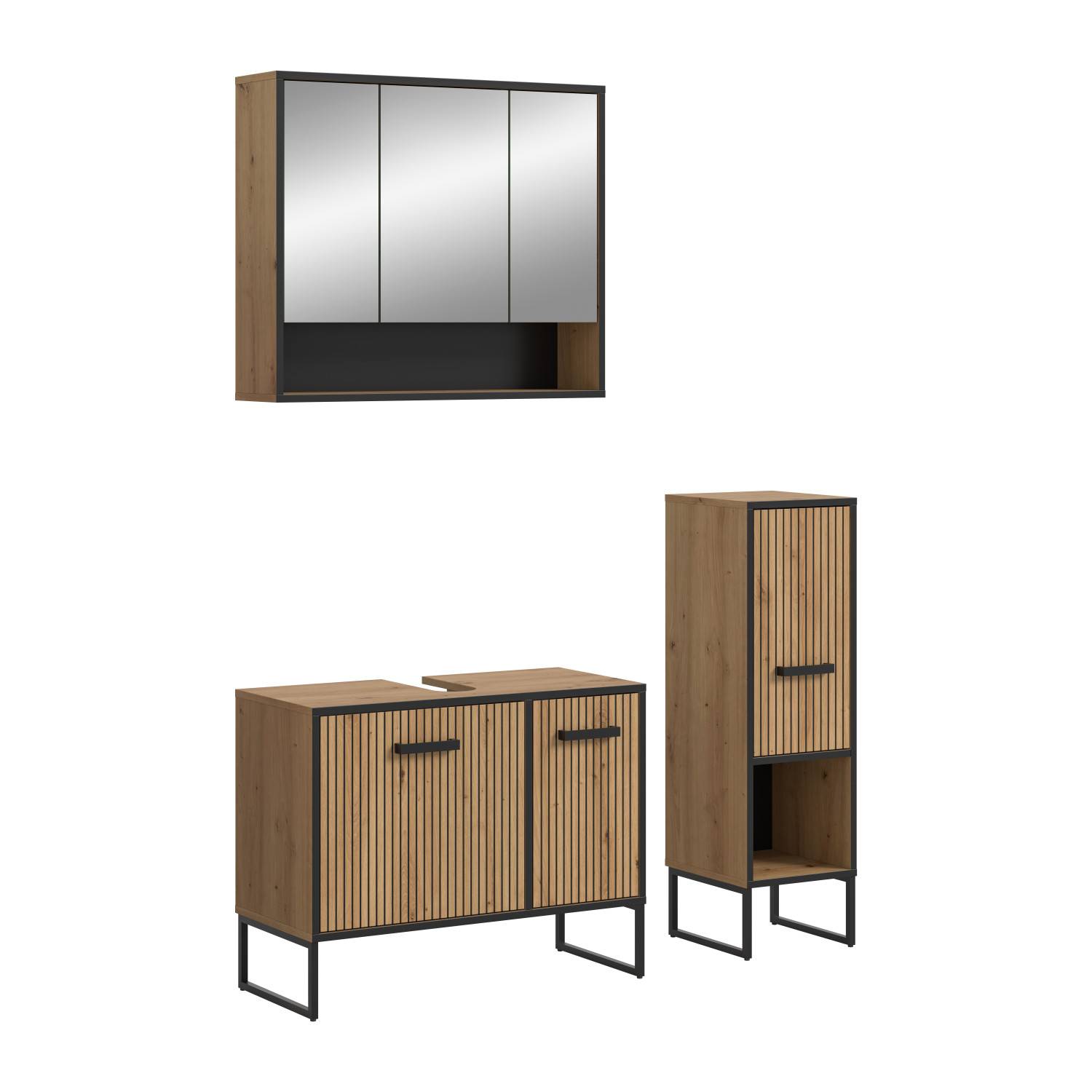 Badezimmer Set im Loft-Stil mit Spiegelschrank, Waschtischunterschrank und hohem Badschrank – Brutannia