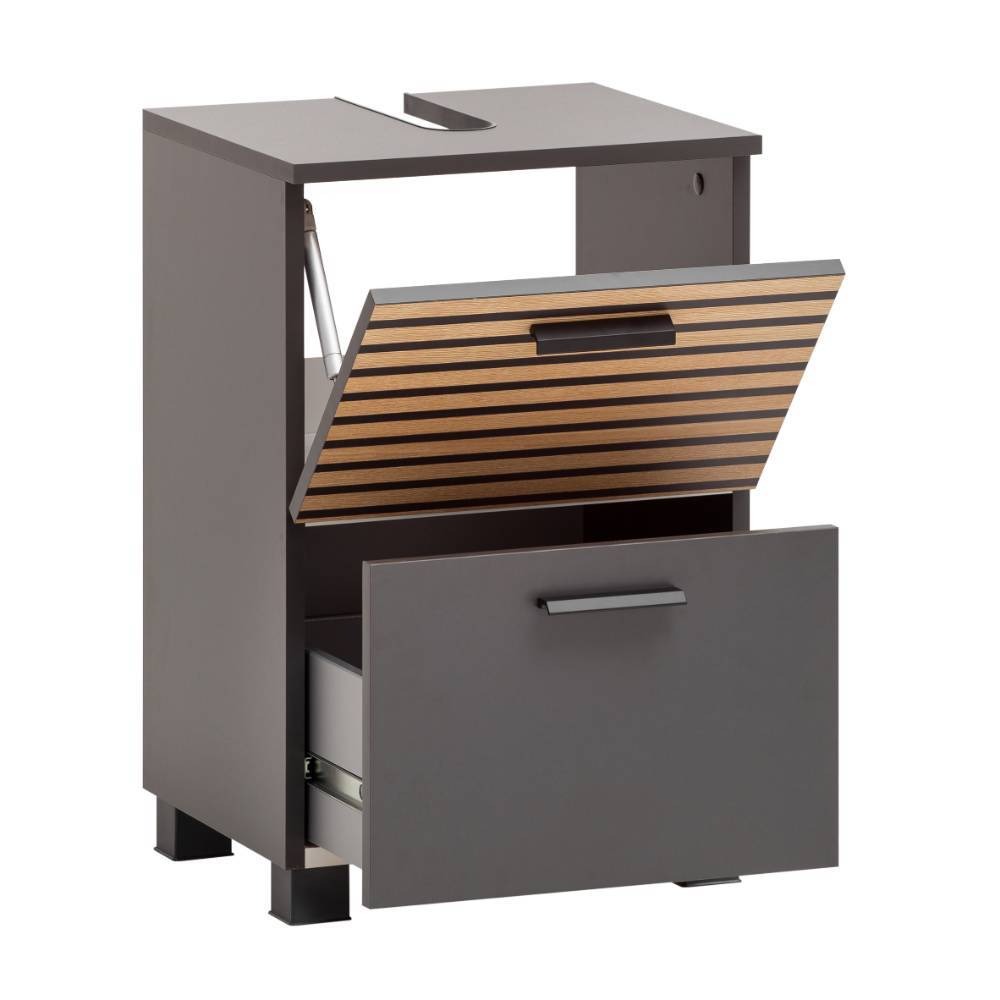 Badunterschrank 40cm mit offener Holzlamellentür und ausgezogener Schublade – Zyrian