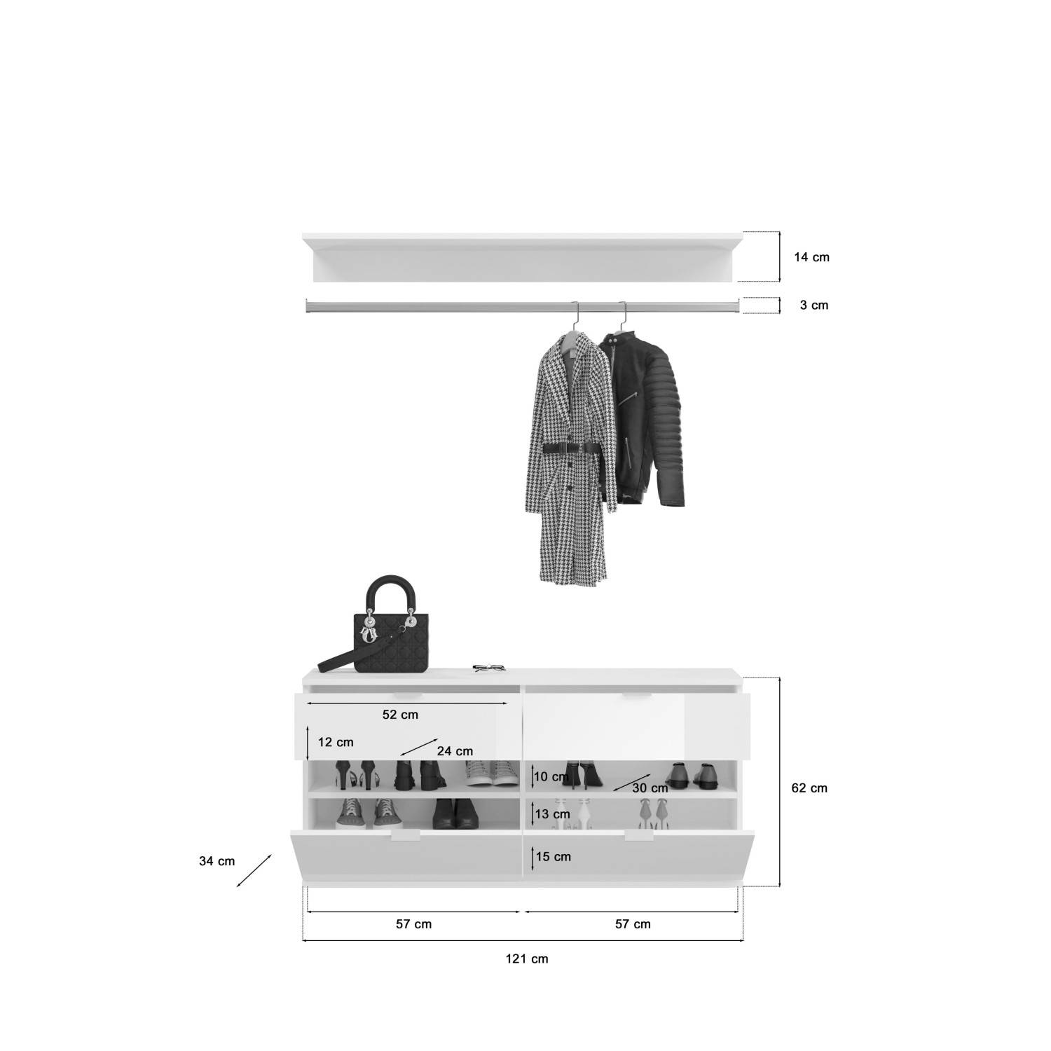 Garderobenbank mit Schubladen und Wandgarderobe Maße und Abmessungen – Pretty