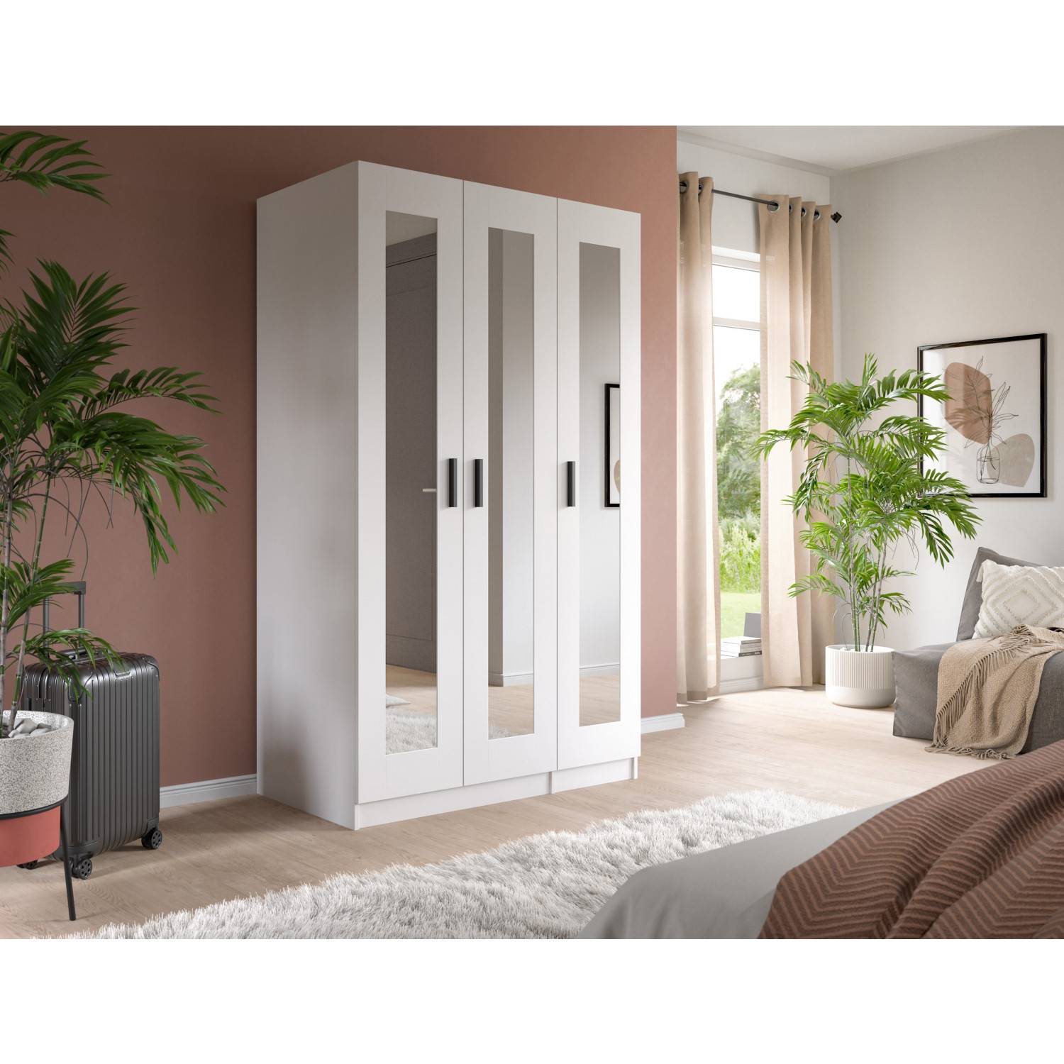 Moderner weißer Drehtürenschrank mit drei Spiegeltüren im Schlafzimmer – Bilbo