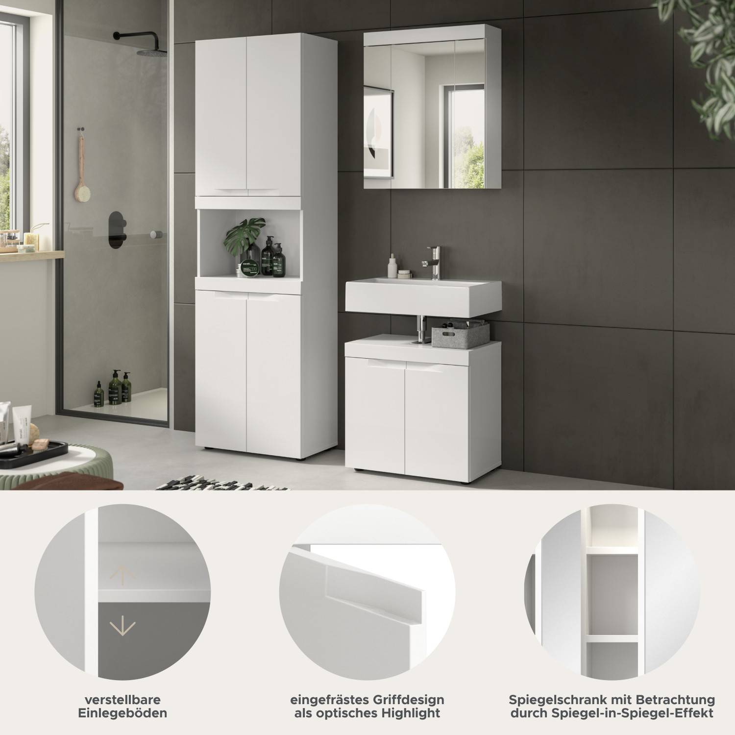 Weißes Badmöbelset mit verstellbaren Einlegeböden, Griffdesign und Spiegelschrank mit Spiegeleffekt – Bruna