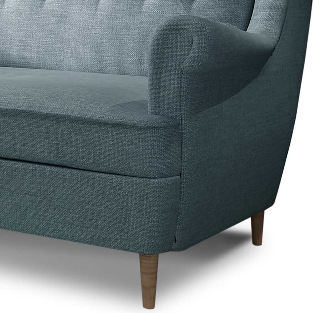 Unterer Bereich des Sofas mit Sitzfläche, Holzfüßen und graugrünem Stoffbezug – Tessini