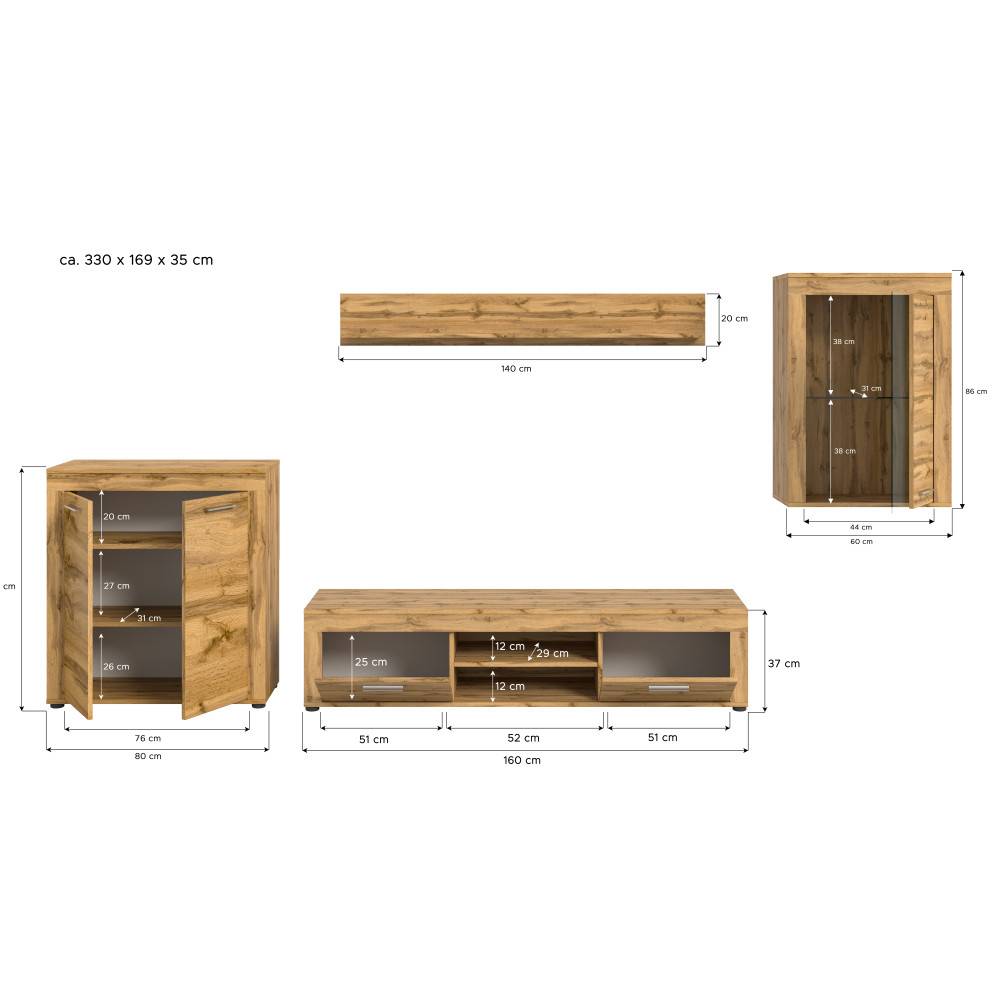Maße und Abmessungen der vierteiligen Wohnwand mit TV-Board, Highboard, Regal und Hängeschrank – Ianovar