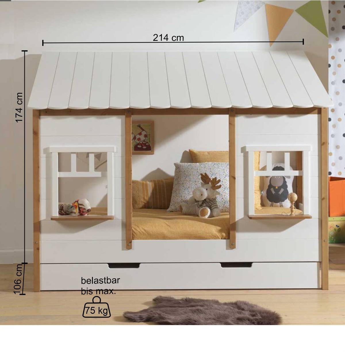 90x200 Kinder Hausbett mit Stauraum Schublade - Endriko