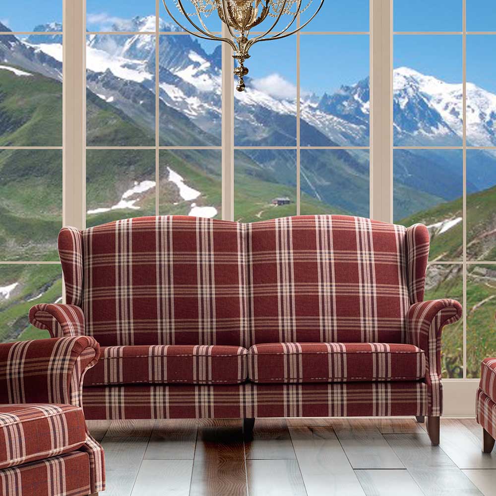 Zweisitziges Landhaus Küchensofa in Rot mit kariertem Stoffbezug von vorne – Matieu