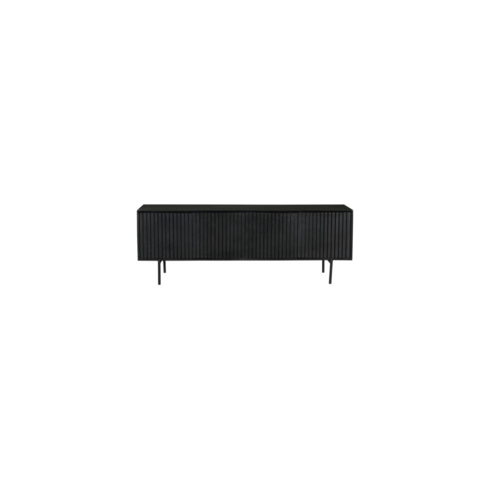 Elegantes schwarzes TV Sideboard aus massivem Mangoholz mit strukturierten Türen auf Metallfüßen   – Jusitc