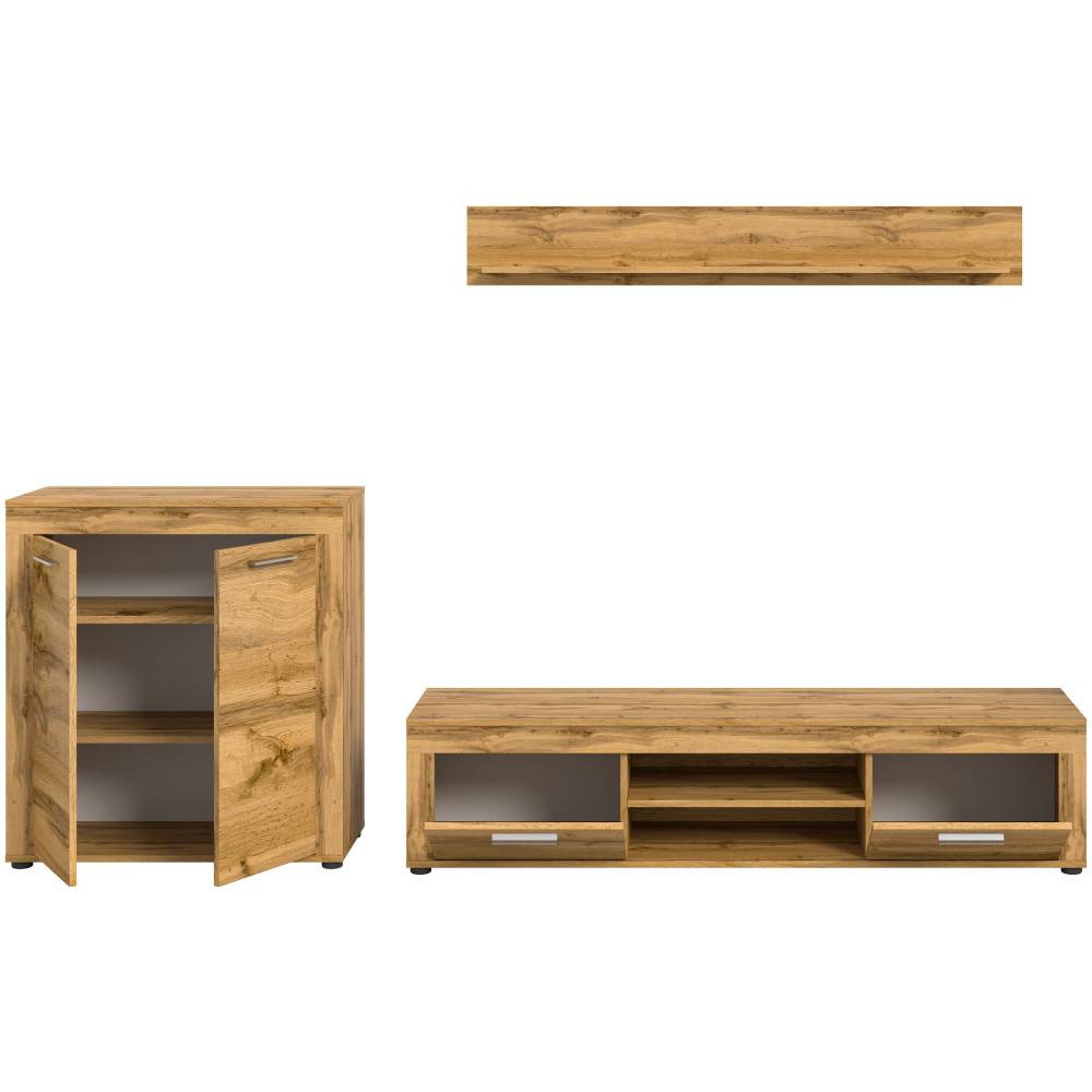 Einzelne Elemente der Wohnwand: offenes Sideboard, TV-Unterschrank und Wandregal in Holzoptik – Ianovar