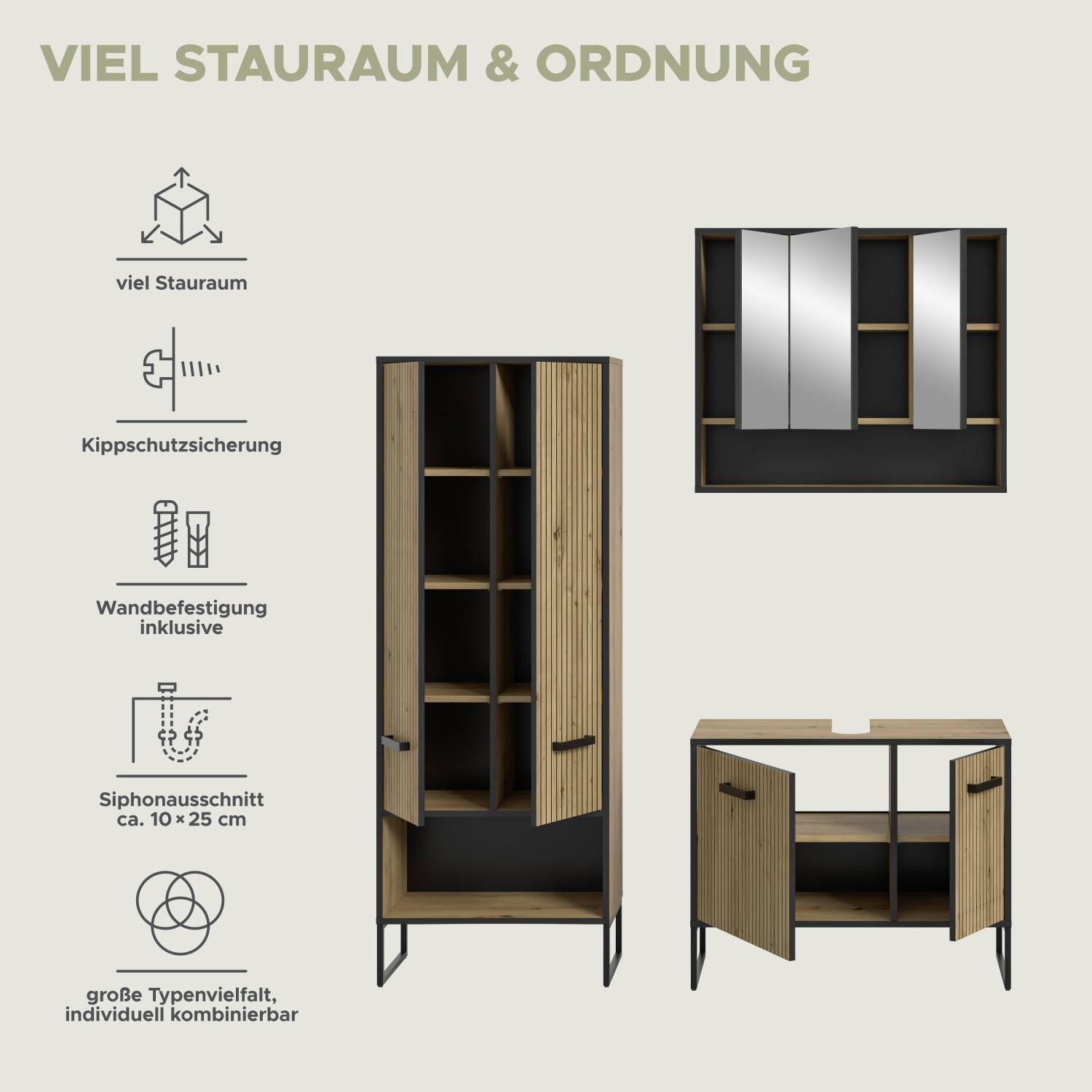 Funktionen des dreiteiligen Badezimmermöbel Sets in geriffelter Holzoptik für Stauraum und Ordnung – Brutannia
