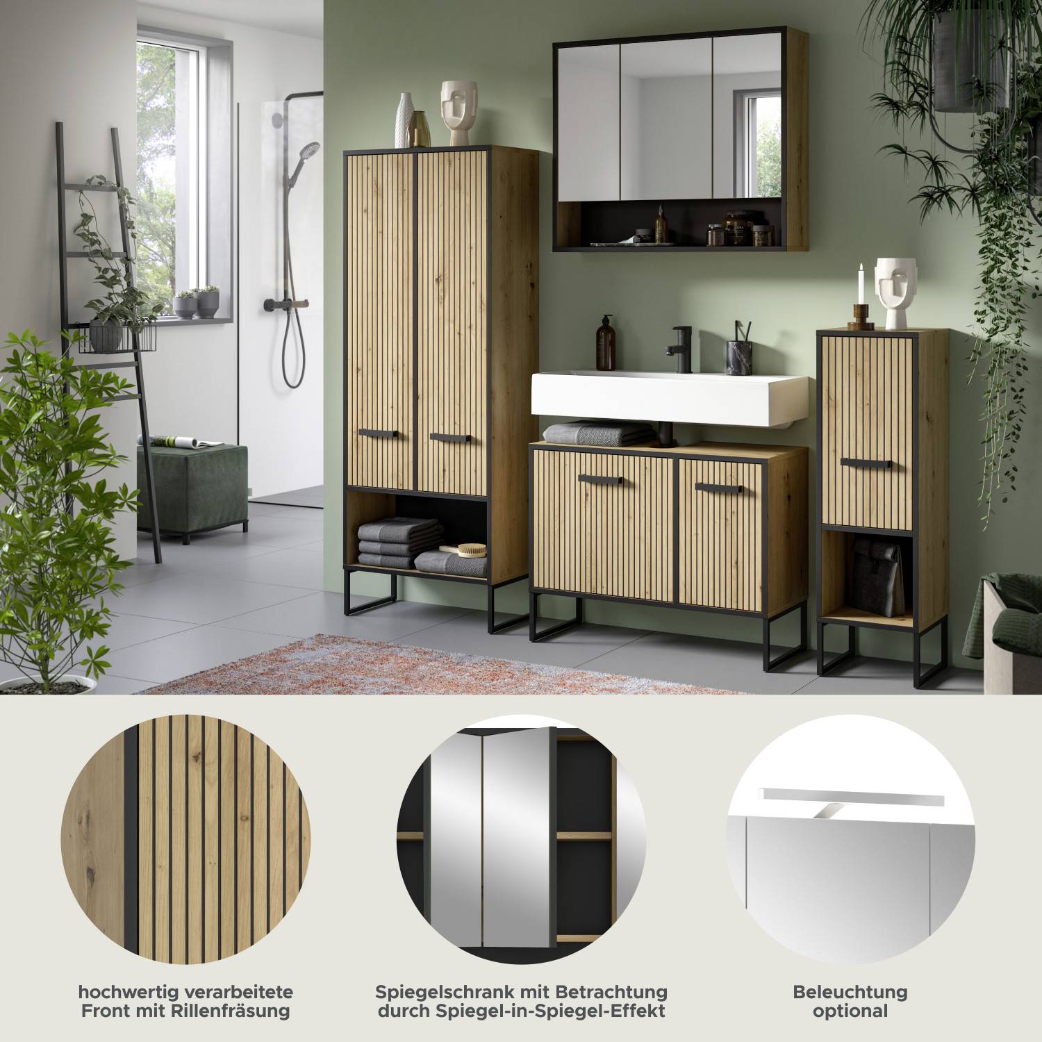 Badmöbel Set mit geriffelter Front, Spiegelschrank und optionaler Beleuchtung – Brutannia