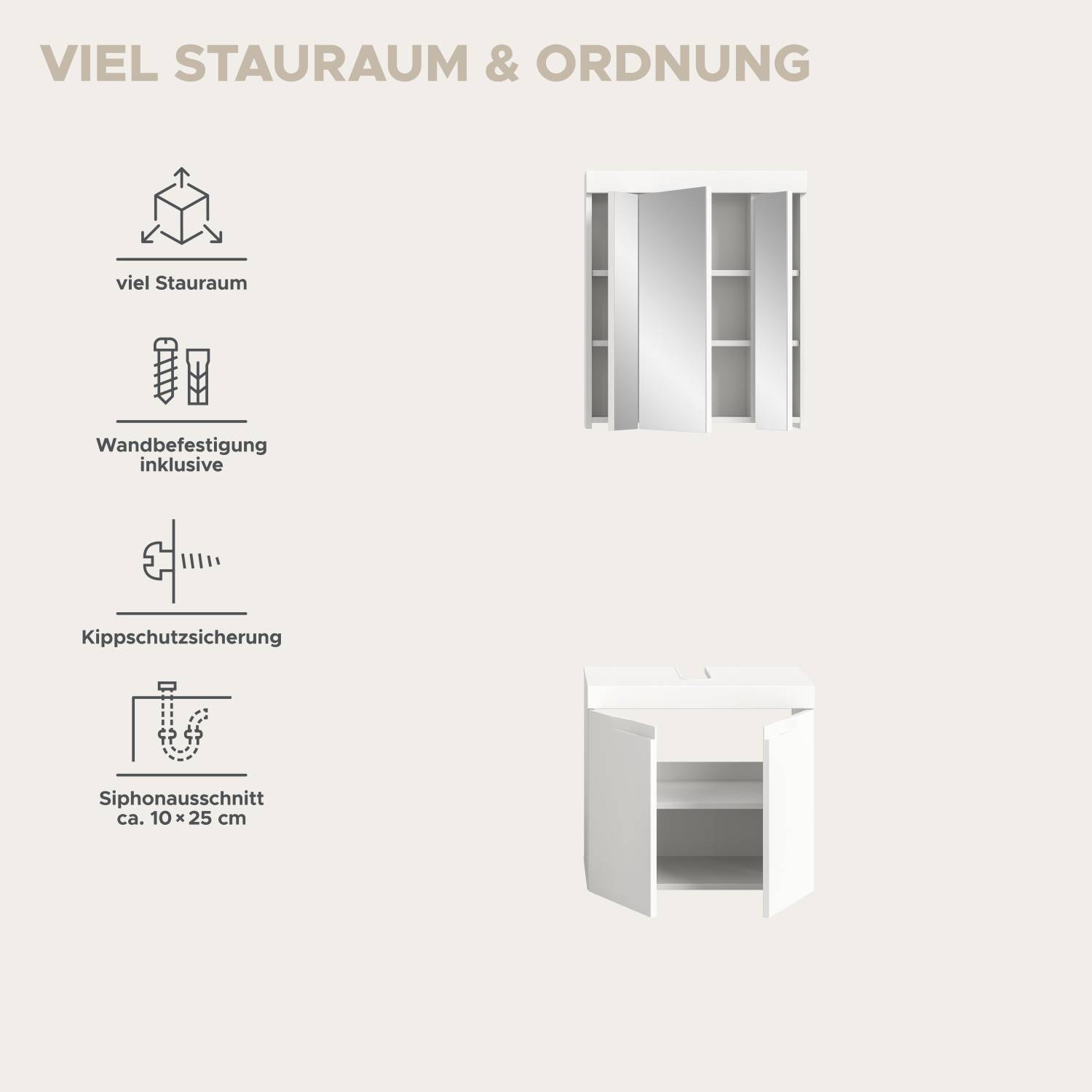 Viel Stauraum mit Wandbefestigung, Kippschutzsicherung und Siphonausschnitt am Waschplatz – Bruna