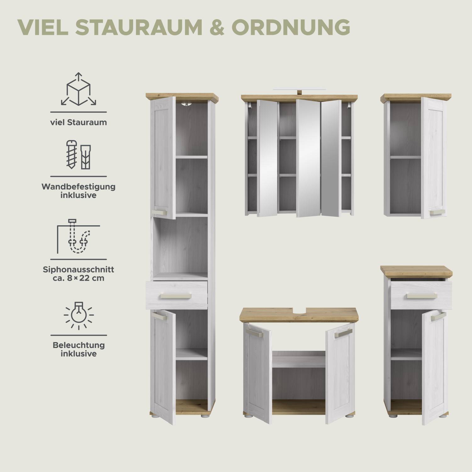 Weißes fünfteiliges Waschplatz Set für das Badezimmer mit Stauraum-Funktionen und Siphonausschnitt – Tocella