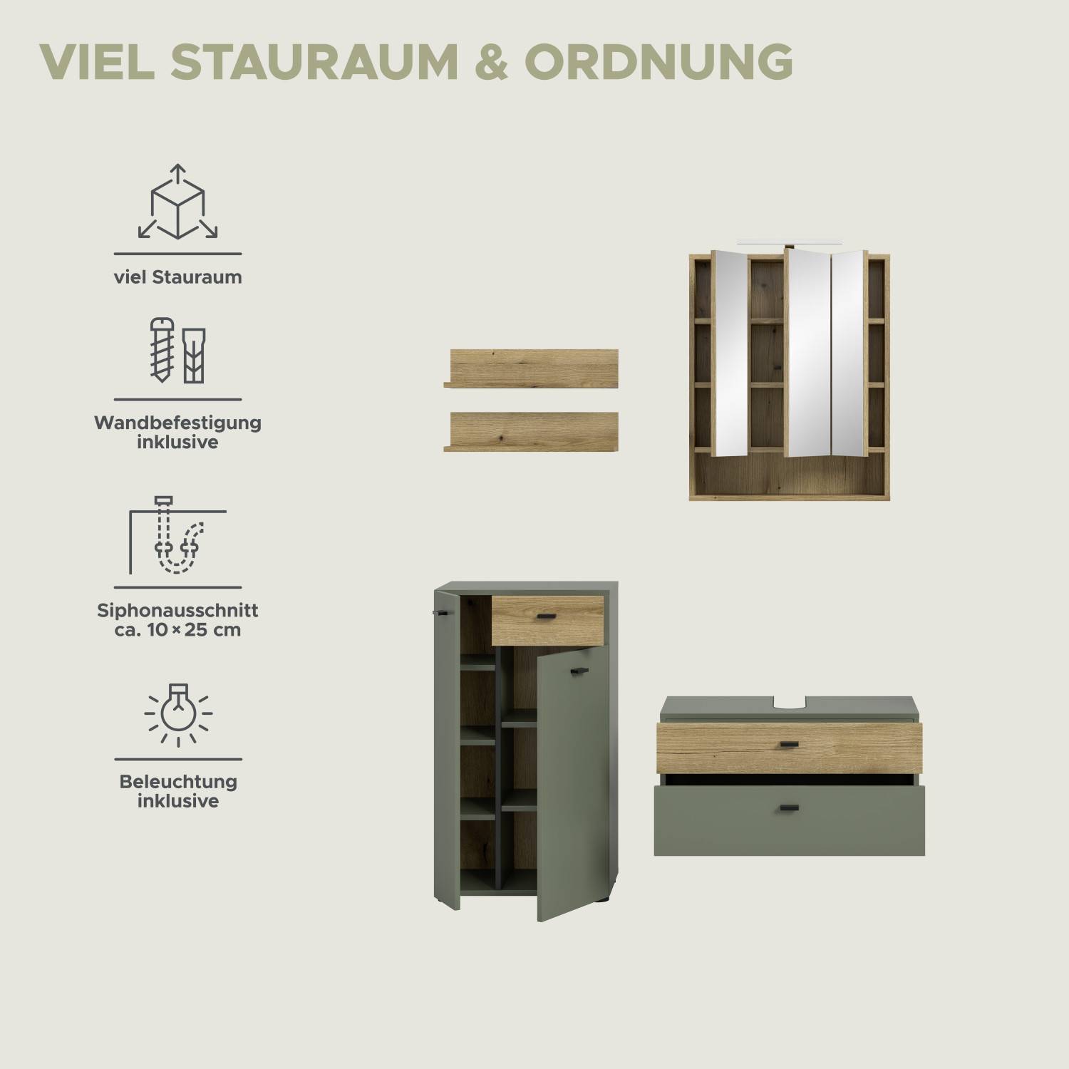 Waschplatz Set mit Stauraum, Beleuchtung und Siphonausschnitt, inklusive Wandbefestigung – Jubby