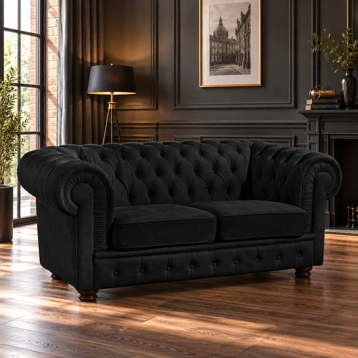 Chesterfield Ledercouch in Schwarz - Riscos