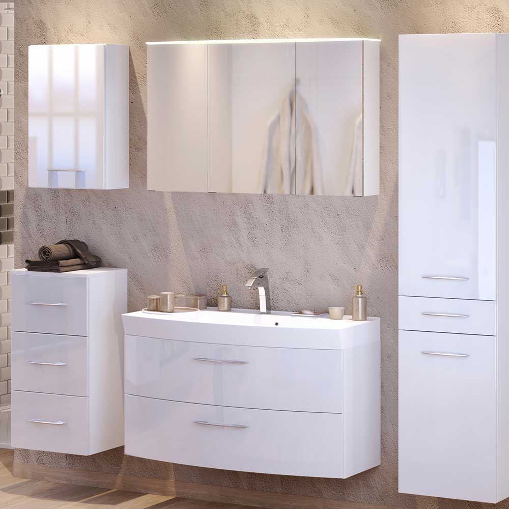 Weißes Hochglanz Waschtisch Set mit Spiegelschrank Datara 100cm breit (zweiteilig)