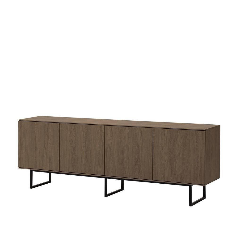 Modernes Sideboard in Nussbaum Optik mit vier Türen und stabilen schwarzen Metallfüßen für Wohnzimmer oder Esszimmer – Julado