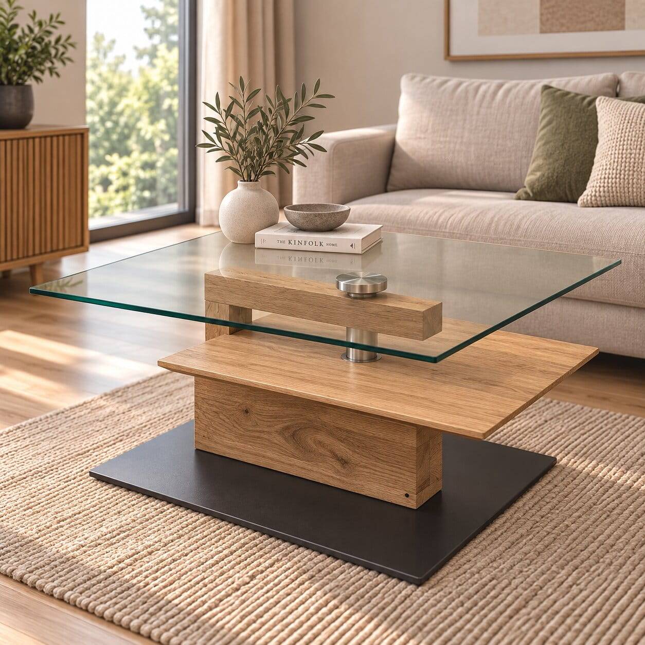 Couchtisch mit drehbarer Glasplatte 100x46x90 cm auf Rollen - modernes Design
