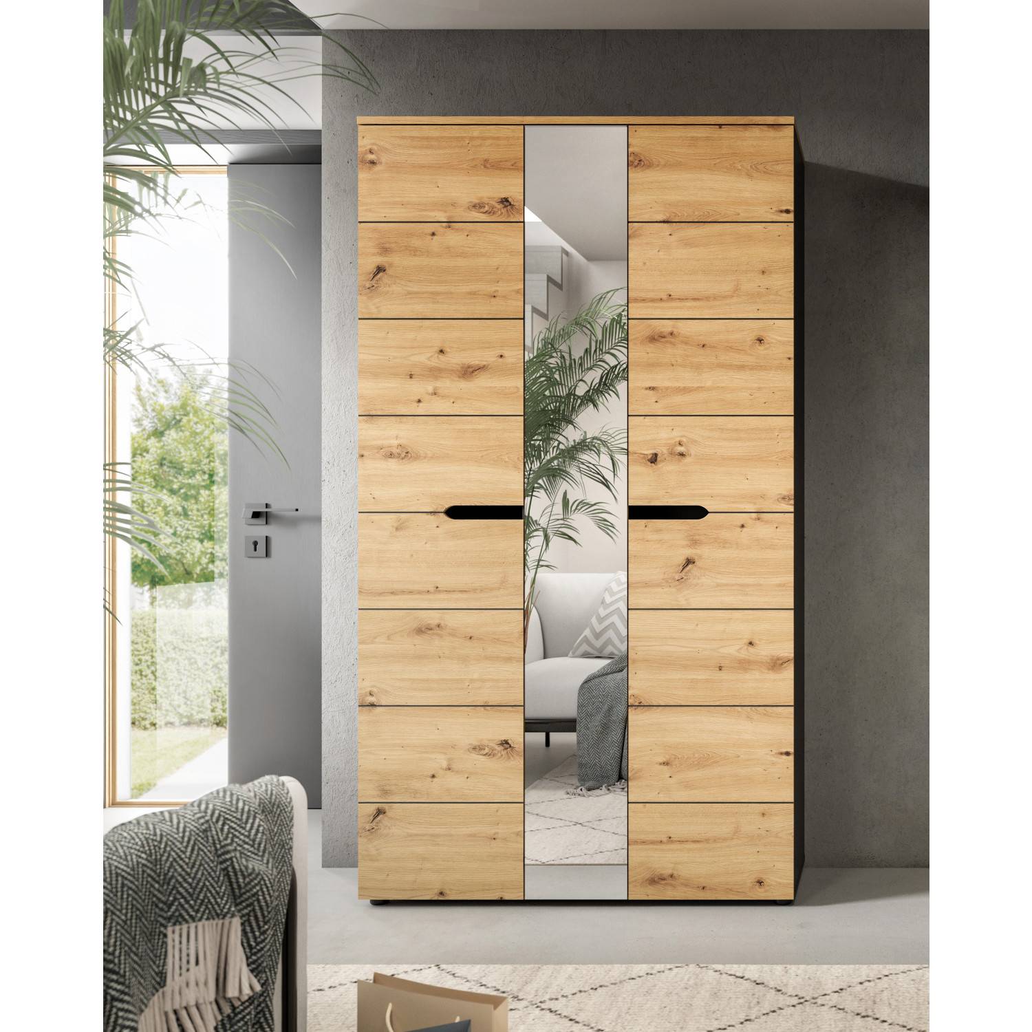 Dielenschrank Eiche Graphit mit zwei Spiegeltüren und Holzoptik für den Eingangsbereich – Irysma