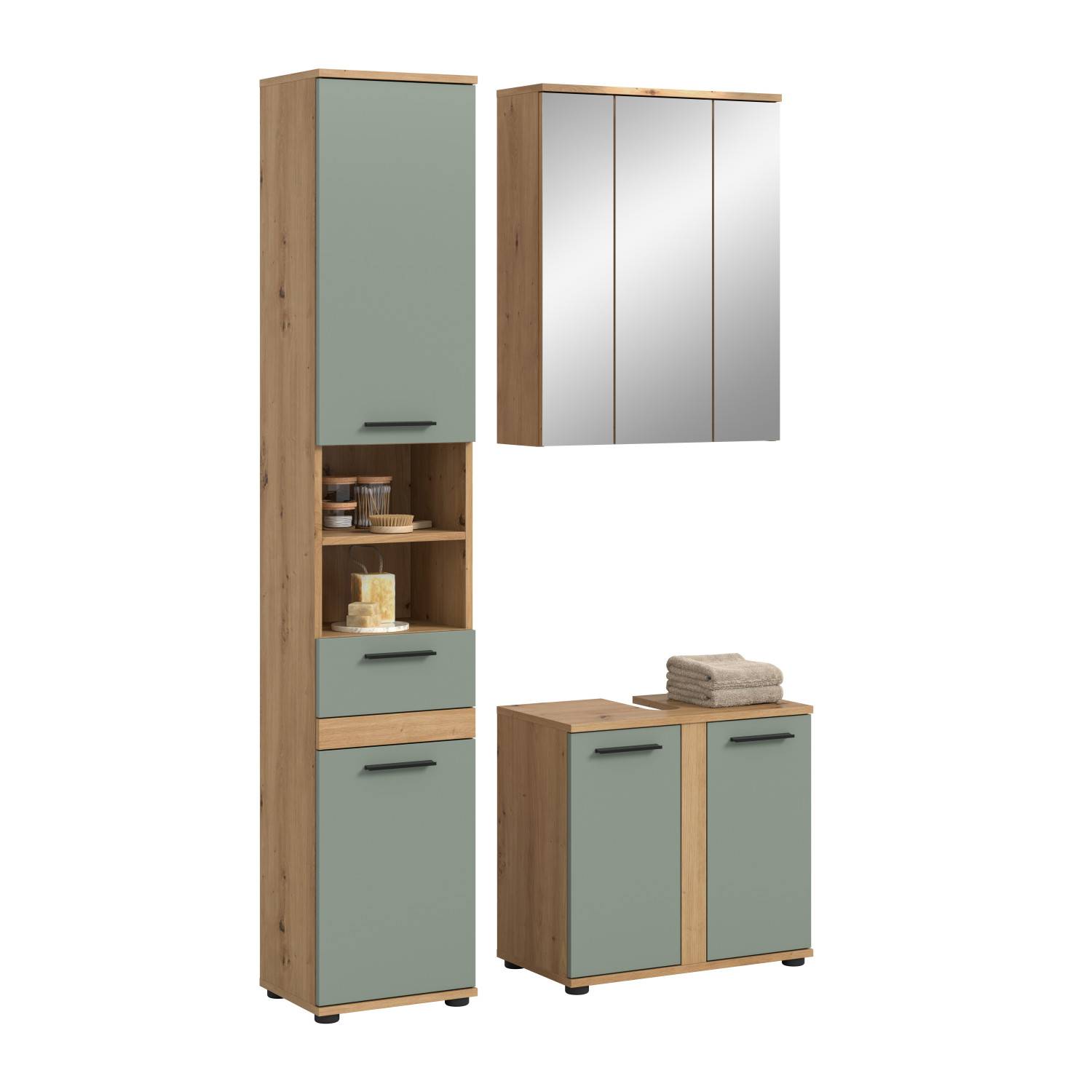 Dreiteiliges Badezimmerset mit Hochschrank, Spiegelschrank und Waschtischunterschrank in Salbei und Eiche – Luzanos
