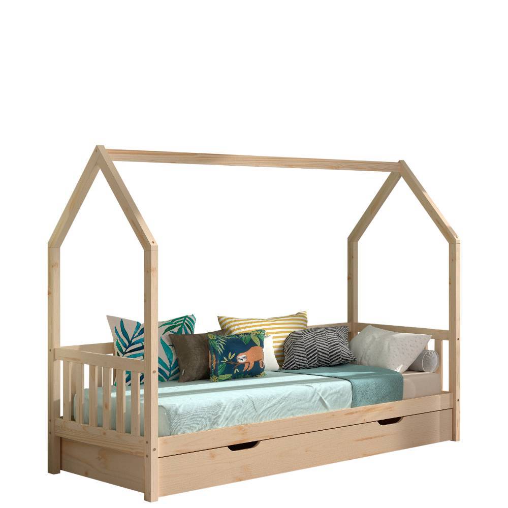 Kiefernholz Hausbett 90x200cm mit ausziehbarer Schublade und spielerischem Design – Macress
