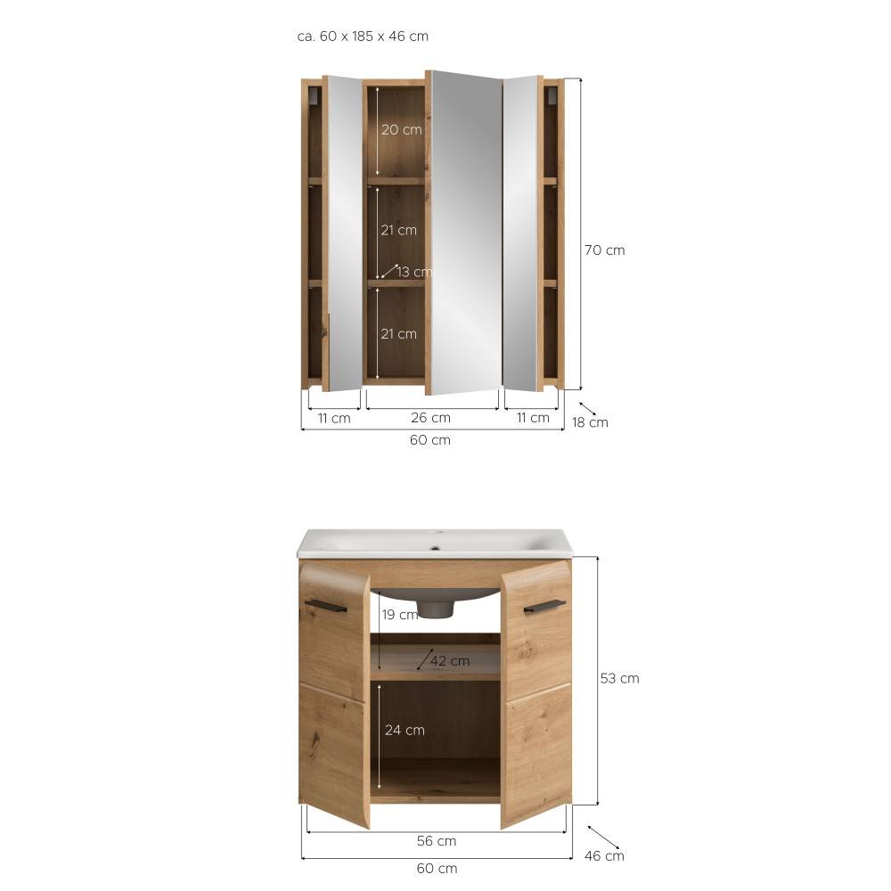 Waschplatz Set Maße und Abmessungen für Spiegelschrank und Waschtischunterschrank – Canopus
