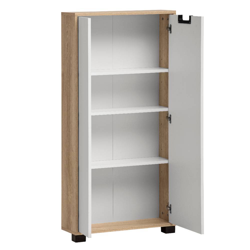 Hohes Flur Highboard mit geöffneter Tür, drei weißen Einlegeböden und mattweißen Fronten – Rasita
