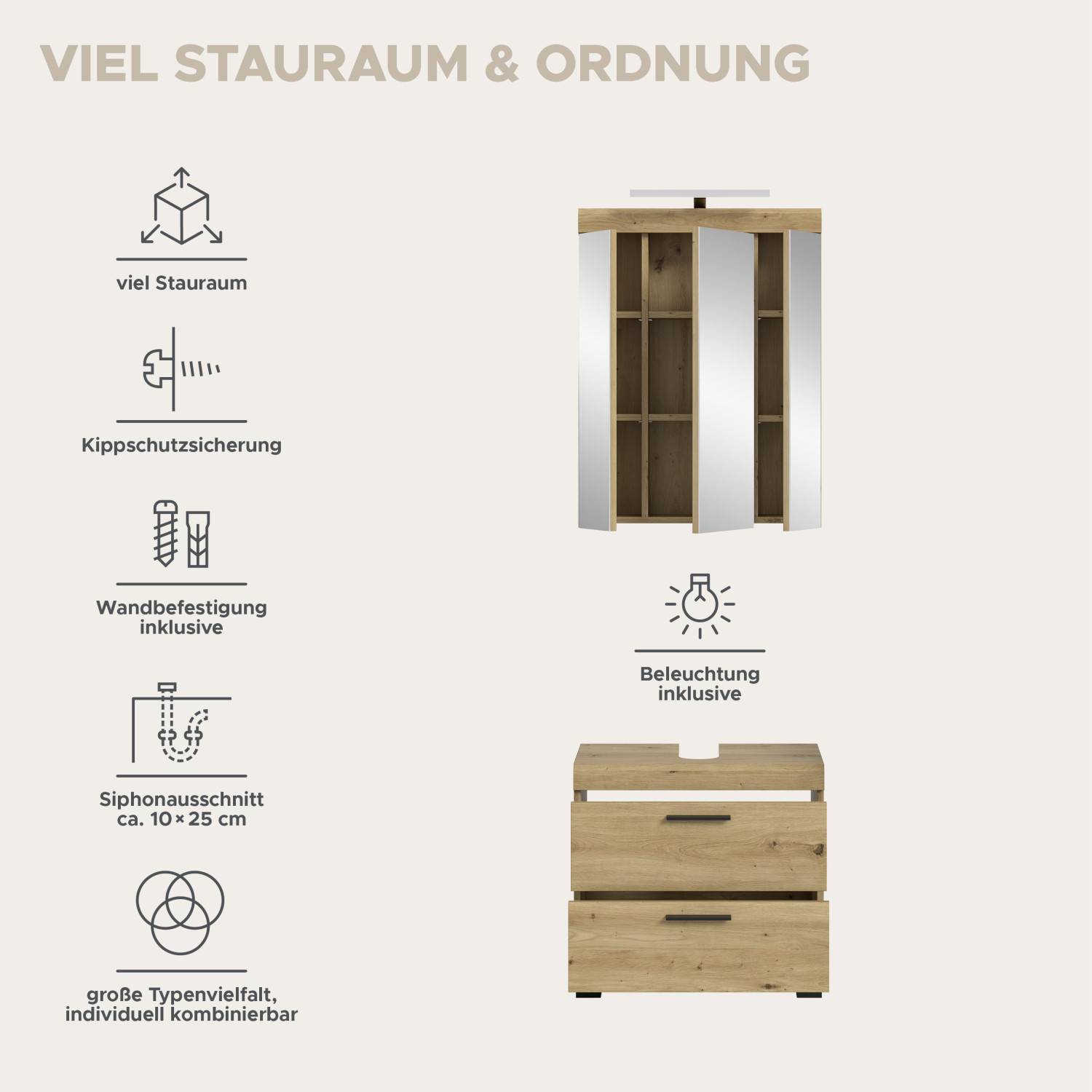 Zweiteiliges Badmöbel-Set mit viel Stauraum, Wandbefestigung und Beleuchtung – Lasewood