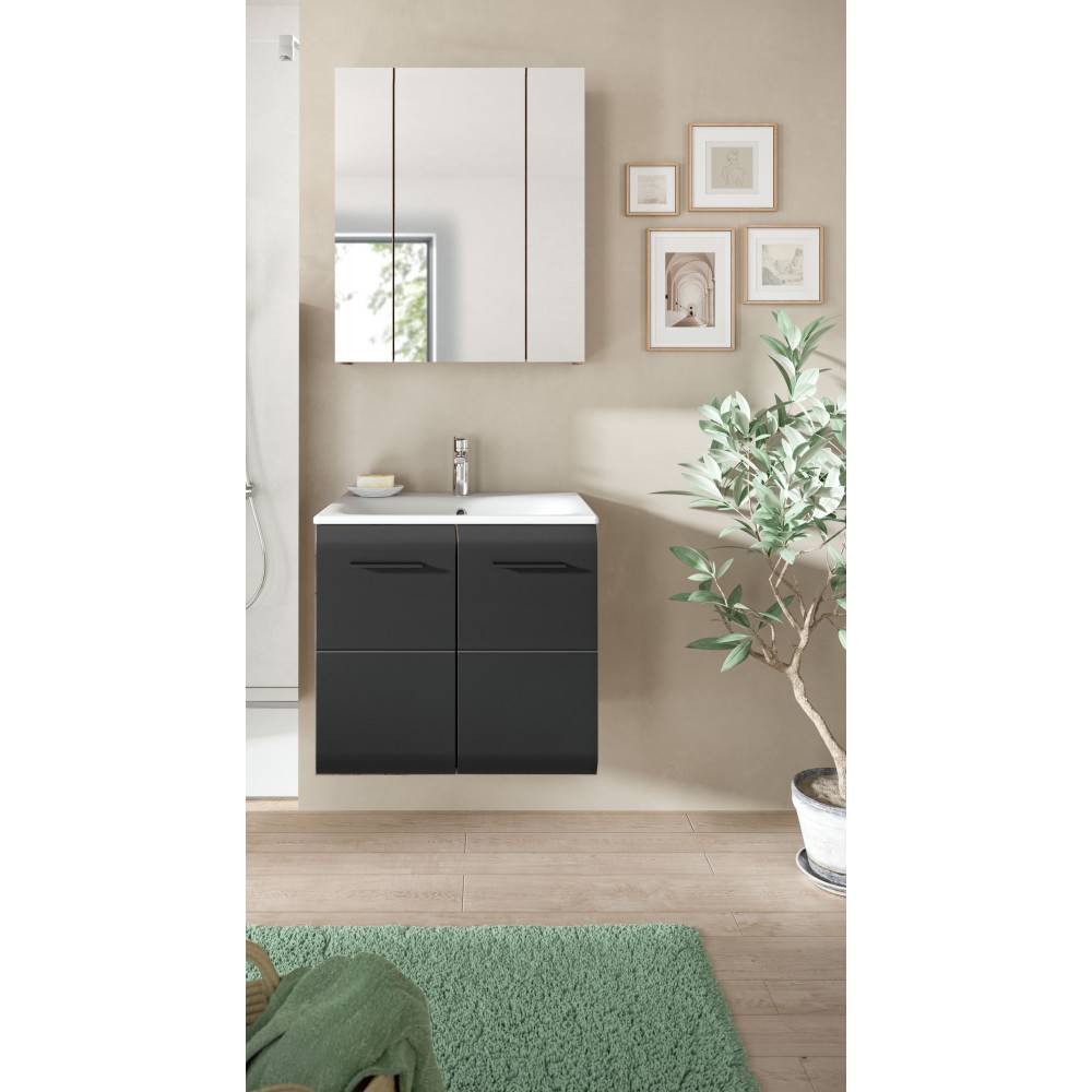 Modernes Waschplatz Set mit Spiegelschrank und Unterschrank in Anthrazit-Wildeiche-Optik – Karina