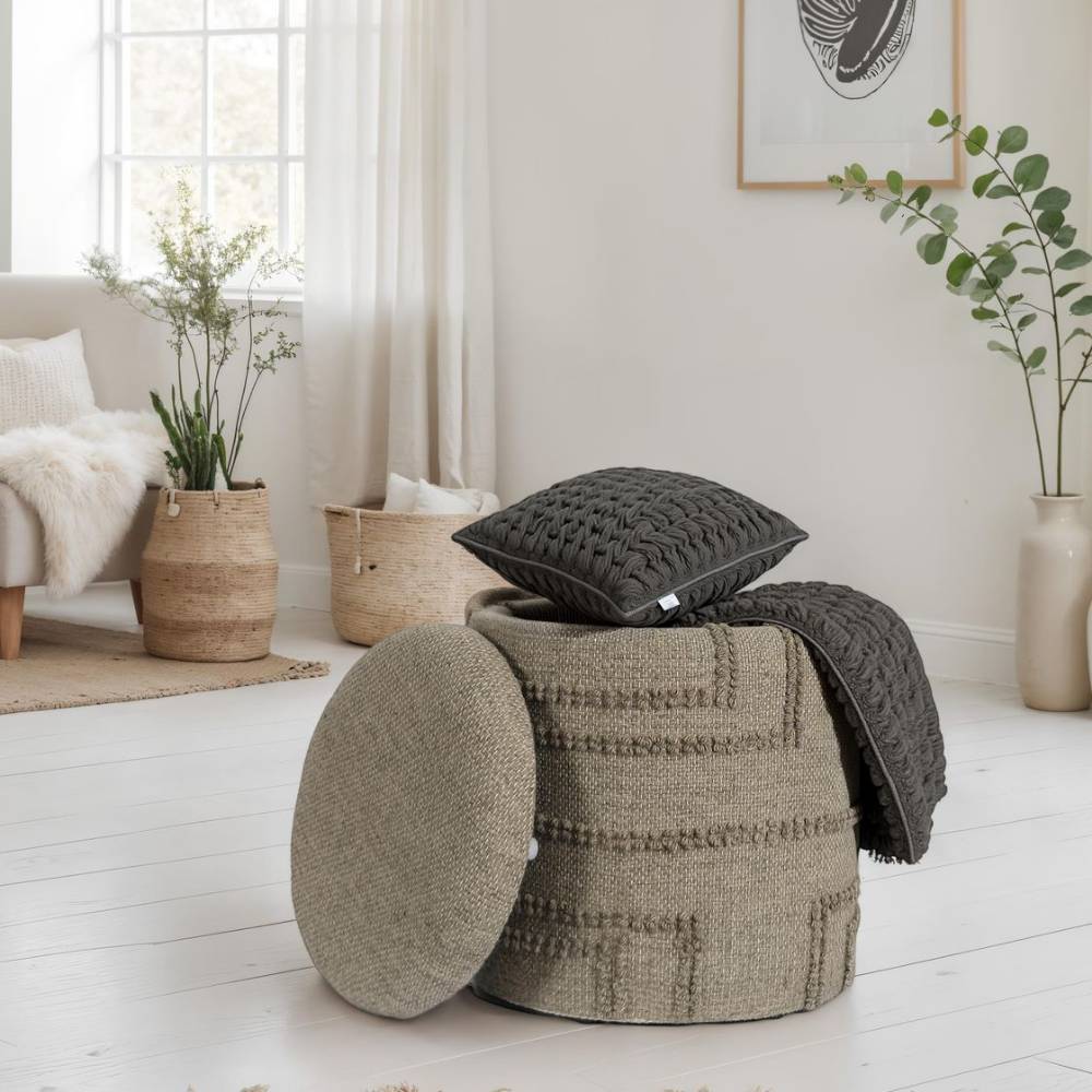 Polsterhocker in Beige mit Strukturmuster - Myrano