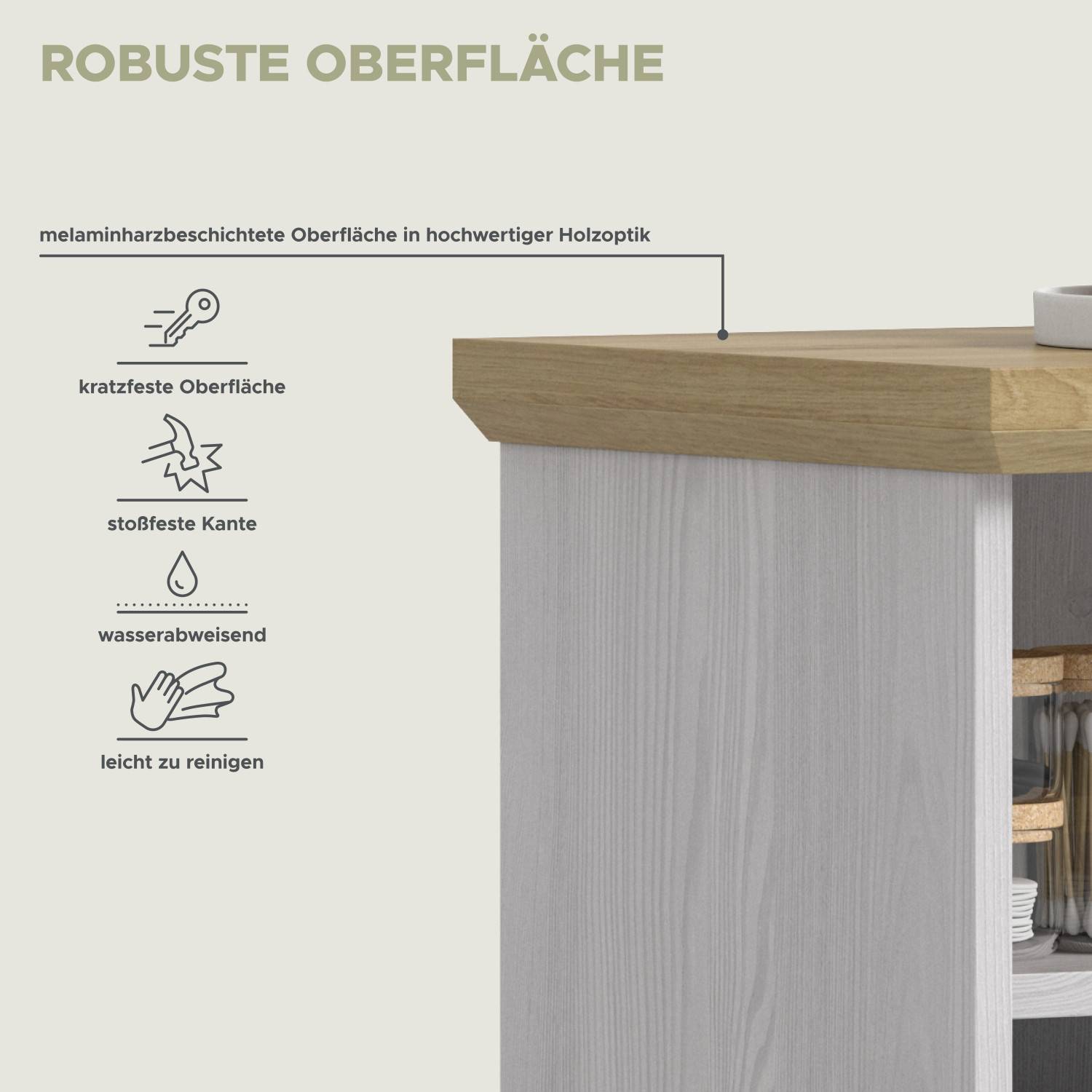 Robuste, kratzfeste und wasserabweisende Oberfläche des Badschranks in Holzoptik – Tocella