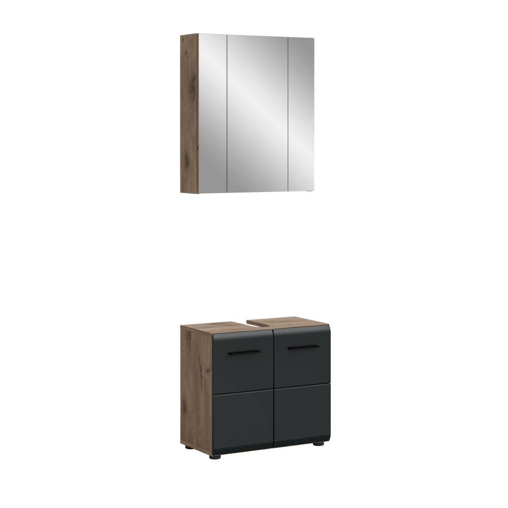 Modernes Badmöbel Set mit Spiegelschrank und Waschbeckenunterschrank in schwarz matt – Karina