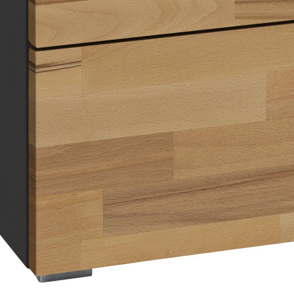 Unterer Bereich der teilmassiven Kernbuche Kommode mit dunkler Seitenpartie und elegantem Metallfuß – Homlet