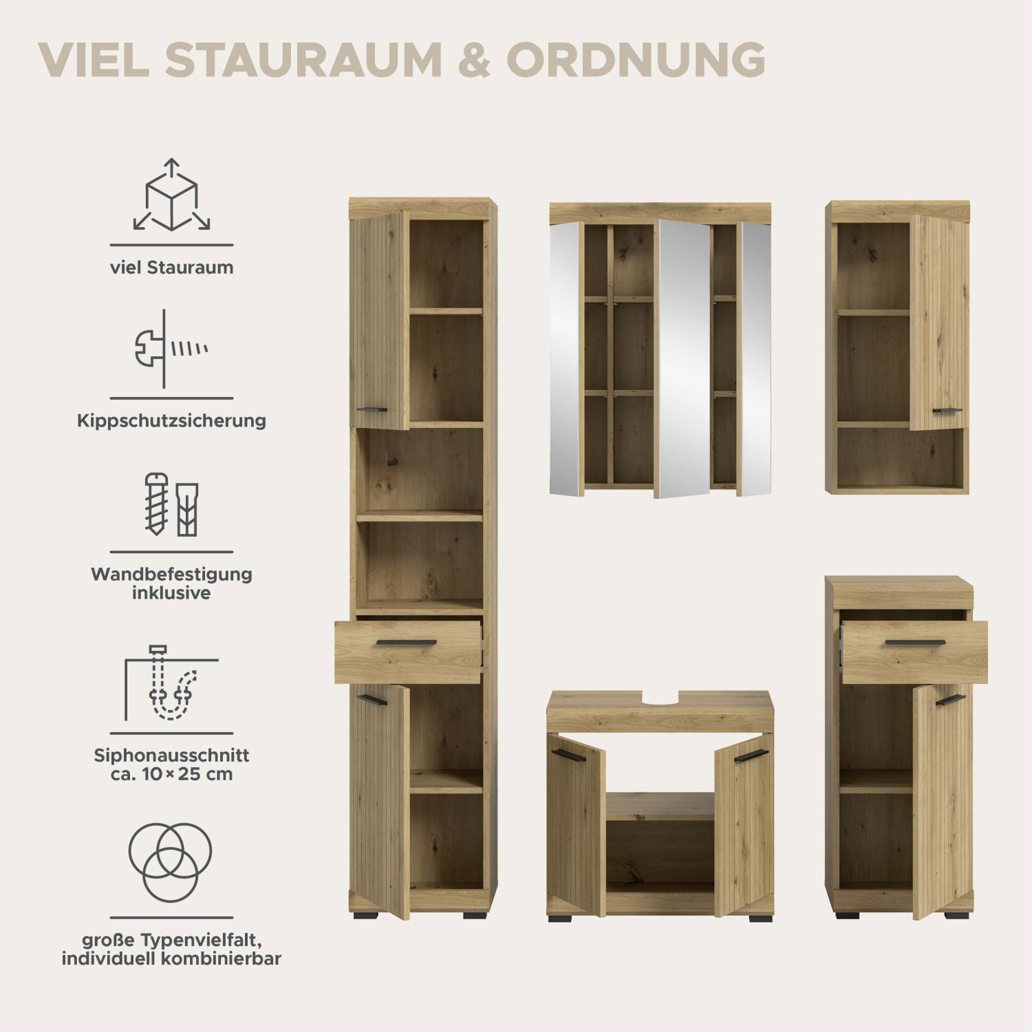 Badezimmerschrank Set Funktionen mit Stauraum, Kippschutz und modularer Typenvielfalt – Lasewood