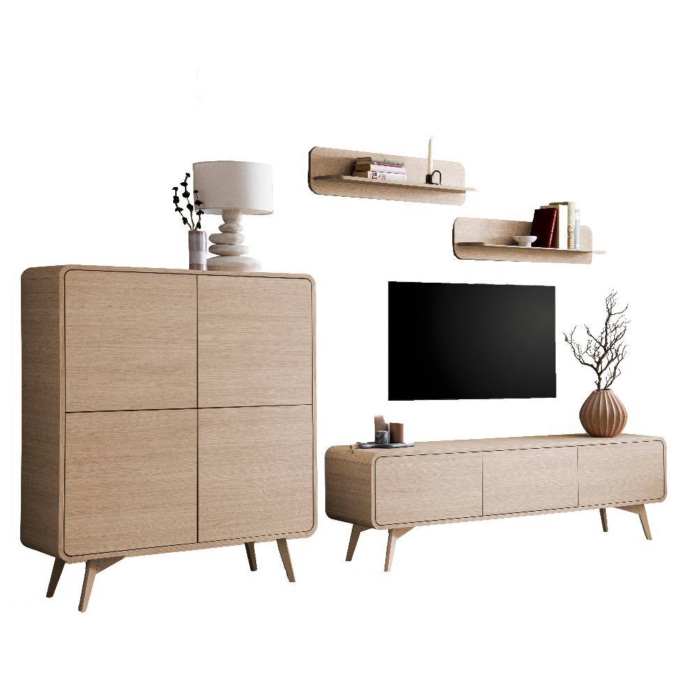 Helles Holz Wohnzimmer Wohnwand Set mit TV-Lowboard, Hochschrank und zwei Wandregalen – Embrus