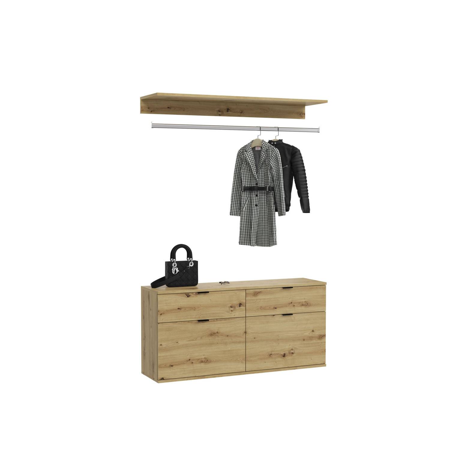 Kleine Garderobenkombination in Sonoma Eiche Nachbildung mit Schuhschrank, Ablage und Kleiderstange – Pretty