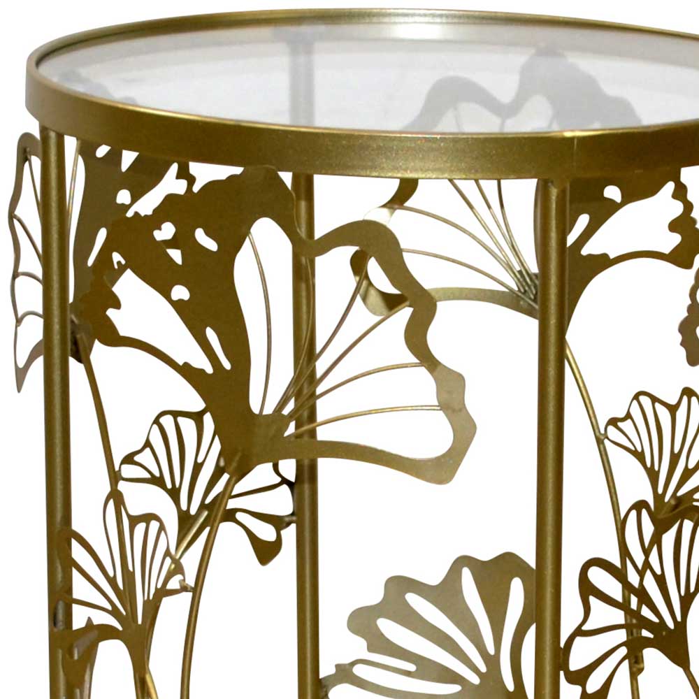 Glas Beistelltisch auf Säulengestell mit Ginkoblättern - Mutano