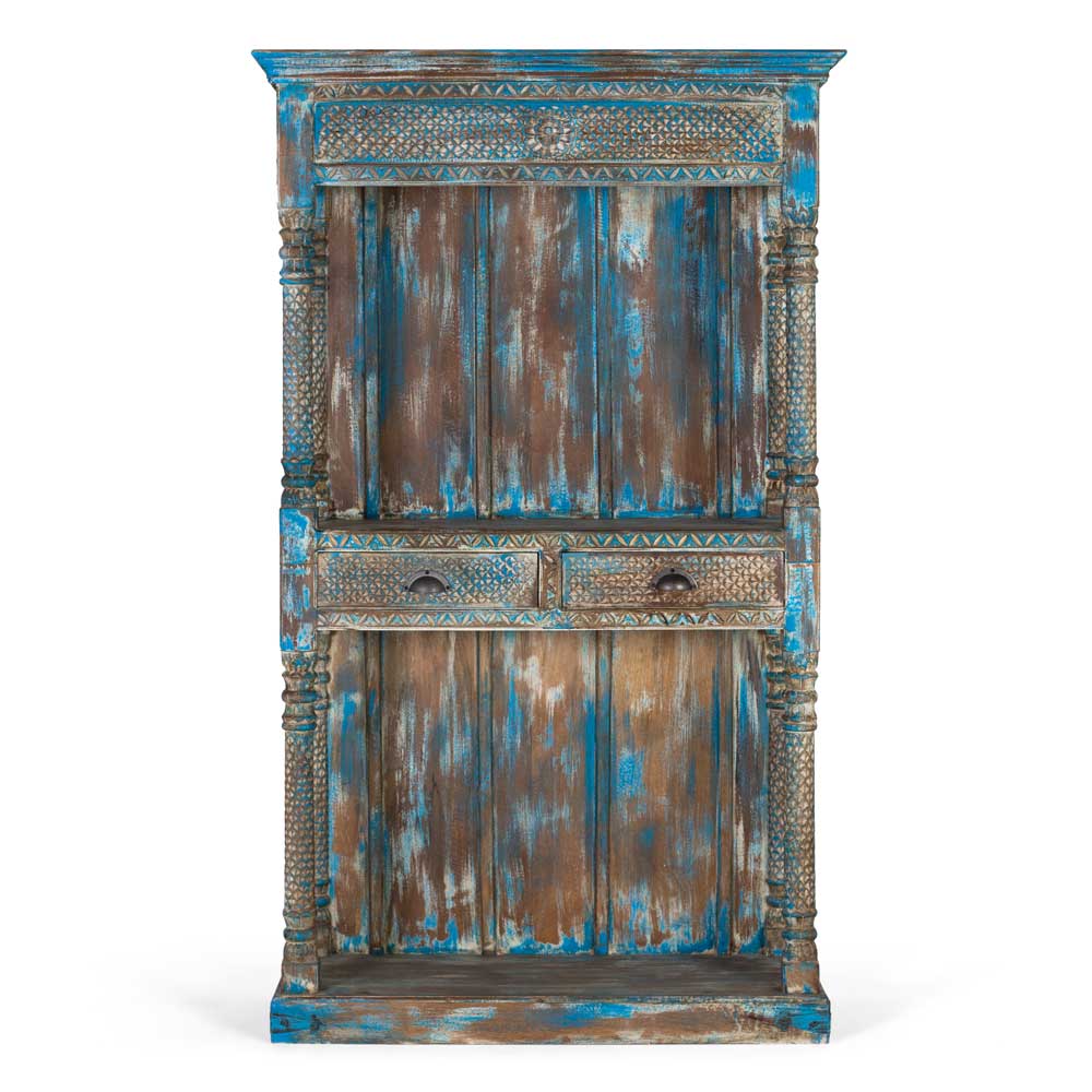Vintage Holzregal in Blau mit Shabby Chic Lackierung und zwei Schubladen – Emrene